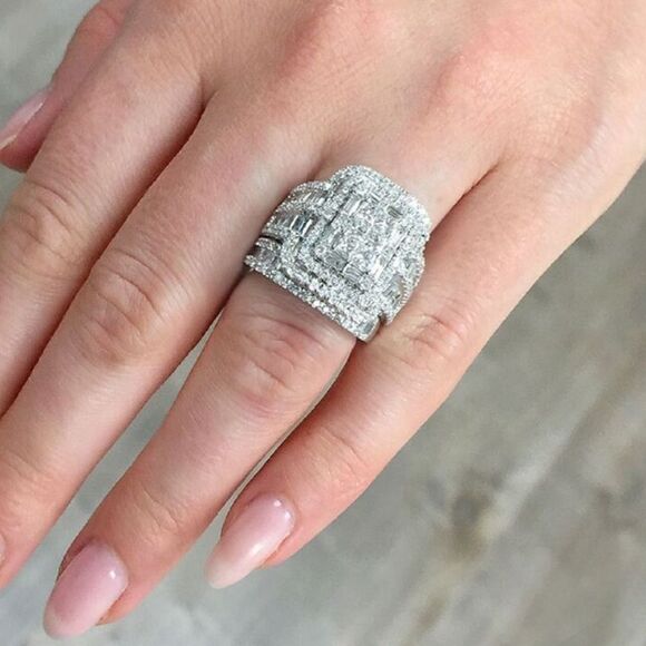 Multi Band Diamond Bride Engagement Statement Ring Set - Picture 1 of 17